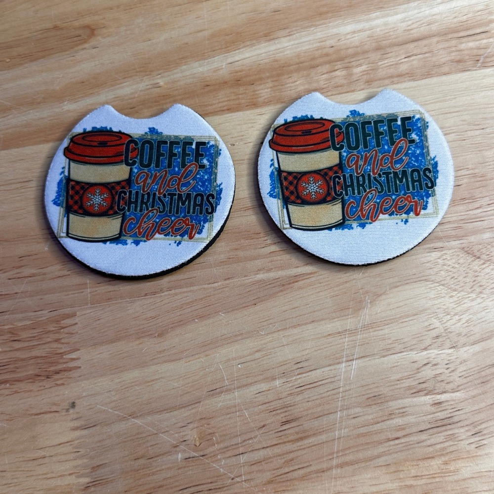 Coffee and Christmas Cheer Neoprene Car Coaster Set of 2 Holiday Cup Holder